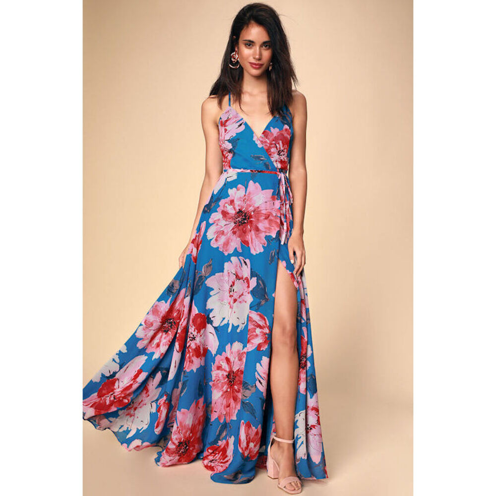 Lulus Always There For Me Blue Floral Print Wrap Maxi Dress - Size XL